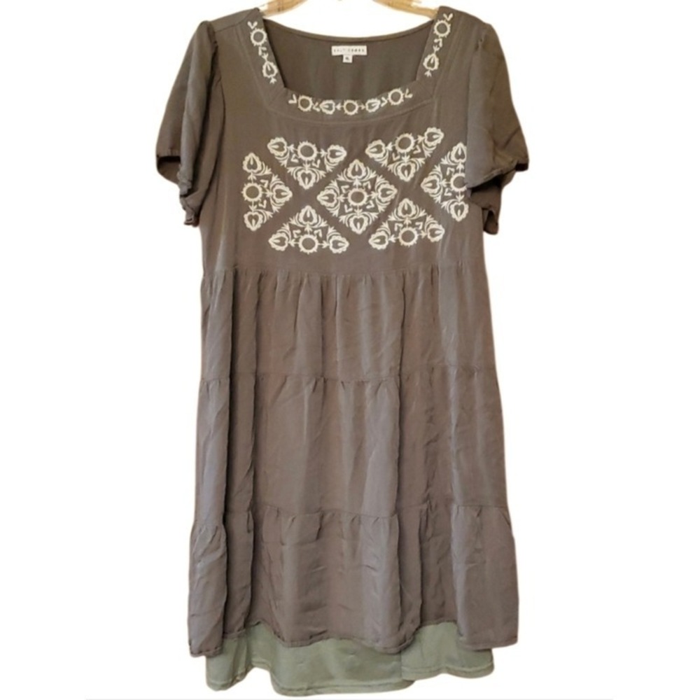 Baltic Born Olive Green Midi Dress‎ with White Embroidered Floral Motifs Size XL